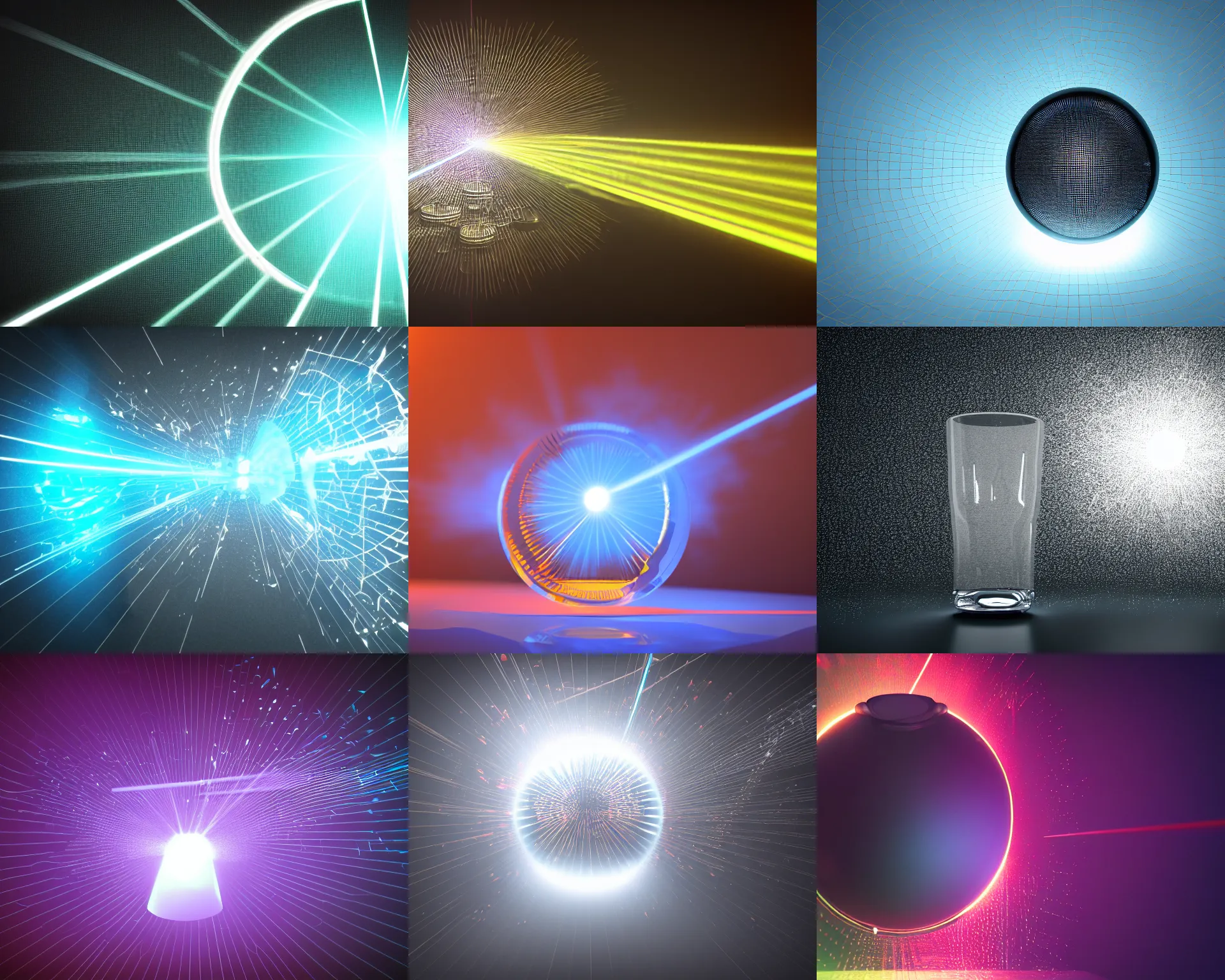 Prompt: 3D render of a laser shooting through a glass of water, studio volumetric lighting, blender, 8k