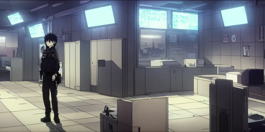 Prompt: an empty after hours cyberpunk police police office in the cyberpunk anime film, Shichiro Kobayashi, screenshot in the anime series ergo proxy ergo proxy and Detroit metal city, interior