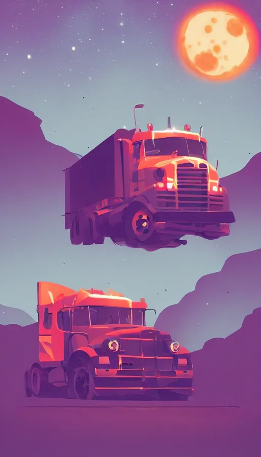 Prompt: truck against a moon, shooting stars, sharp focus, james gilleard, print, game art