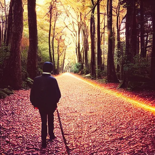 Image similar to 1 9 9 0 s candid 3 5 mm photo of a beautiful forest in tokyo, cinematic lighting, cinematic look, golden hour, the clouds are epic and colorful with cinematic rays of light, a man walks down the center of the forest with a beanie on, photographed by petra collins, uhd