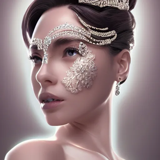 Image similar to portrait of wonderful princess of diamond with fair skin, ornate with diamonds, 8 k, gorgeous, intricate, detailed, glowing white accent lighting, dramatic lighting, octane render