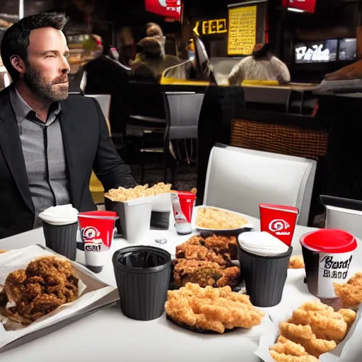 Image similar to A photo of Ben Affleck's Batman eating at KFC. Extremely detailed. 4K