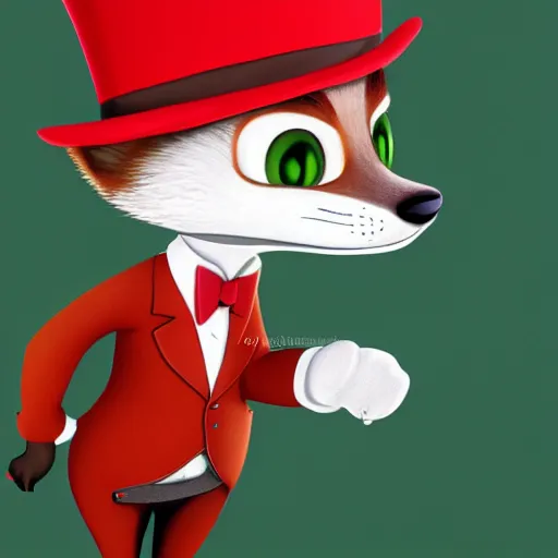 Prompt: Red Fox wearing a top hat in the style of Zootopia, 4k