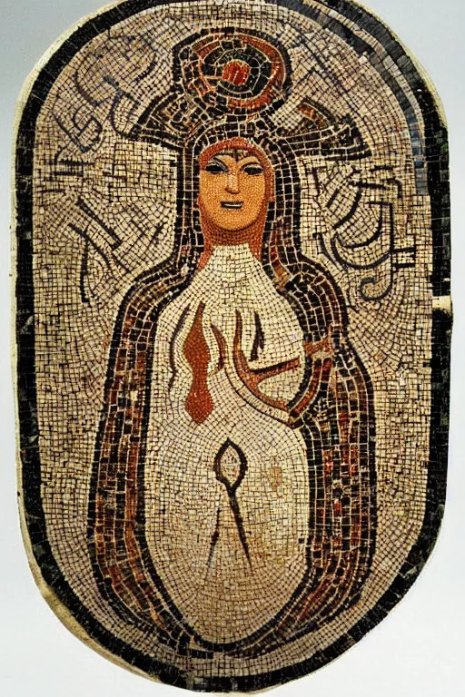 Image similar to a ceramic mosaic of astarte, detailed faces, intricate detail, ancient babylonian art, occult art, alchemical diagram