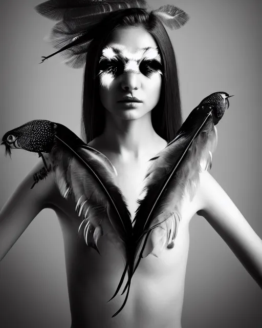 Prompt: surreal mythical dreamy dark artistic black and white fine art 3 / 4 portrait photo of a young delicate mutant female - orchid - bird - cyborg with feather hair, rim light, cinematic, studio dramatic light, poetic, octane render, 8 k, photo - realistic