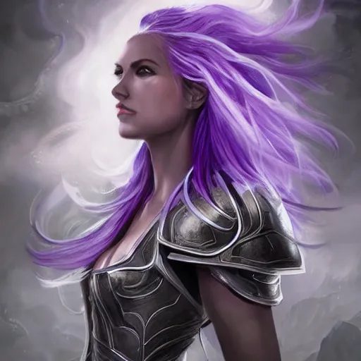 Image similar to perfectly centered portrait, front view of a beautiful woman in bionic amethyst armor, female, flowing purple hair, intense stare, stoic, symmetrical, concept art, intricate detail, volumetric shadows and lighting, realistic oil painting magic the gathering style,