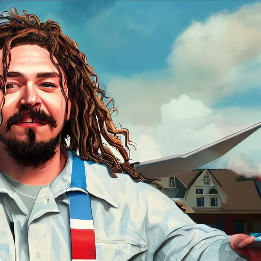 Image similar to a closeup photorealistic illustration of post malone delivering mail as american mail carrier with blue bag. fine detail. this 4 k hd image is trending on artstation, featured on behance, well - rendered, extra crisp, features intricate detail, epic composition and the style of unreal engine.