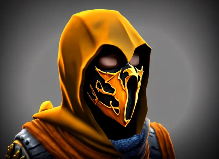 Image similar to hooded skull, with mortal kombat scorpion style facemask, stylized stl, 3 d render, activision blizzard style, hearthstone style, crash bandicoot artstyle