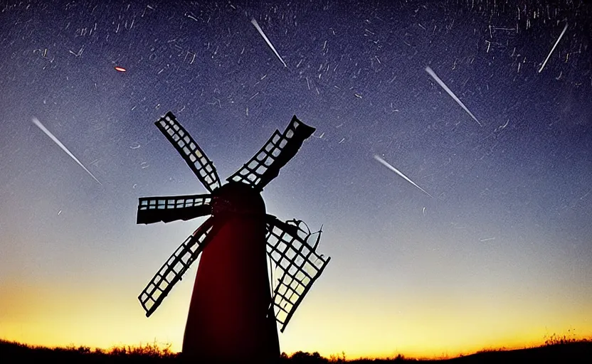 Image similar to “ sunset windmill with meteor shower in the background, cinematic, award winning ”