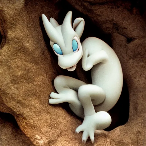 Prompt: national geographic 3 5 mm nature photo of mewtwo in a cave