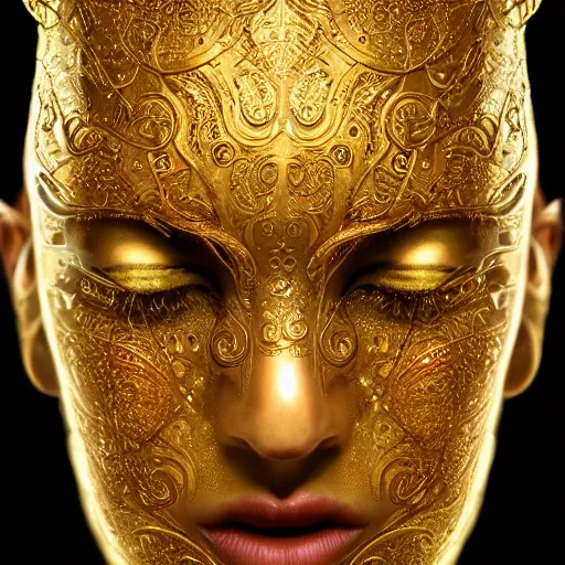 Prompt: an intricate, detailed face of an android, golden skin with water drops on it, dramatic lighting, trending on artstation, art nouveau