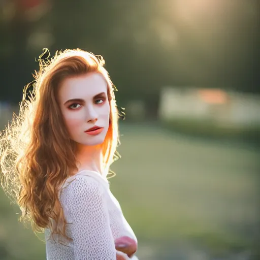 Image similar to outdoor portrait of a very beautiful young woman with gorgeous eyes, high cheek bones, flowing hair, lens flare, glow, dramatic lighting, 5 0 mm f 1. 2, fuji 4 0 0 h