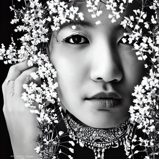 Prompt: photography of the asian queen sitting in the flower thorn, beautiful face, masterpiece costume, jewellery, high quality, elegant, emotionally touching, cool, deep gaze, mystery, tenderness, joe mcnally style