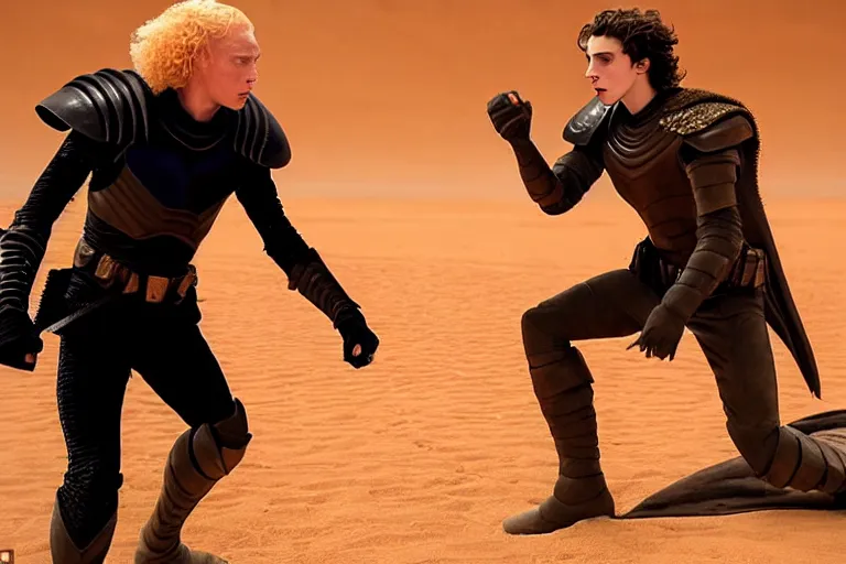 Prompt: dagger-fight: bald_Austin_Butler_as_Feyd-Rautha_Harkonnen versus Timothee_Chalamet_as_Paul_Atreides, in an arena fight-pit in movie Dune-2021, golden ratio, clear gaze, detailed eyes, detailed faces, 8k