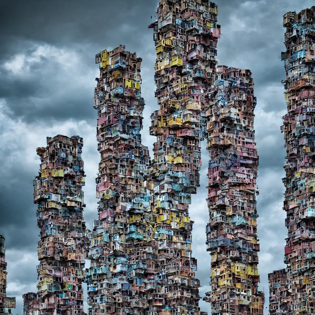 Image similar to close - up towers made up of colourful squatter housing, bleached colours, dramatic cloudy sky, dystopia, mamiya, very detailed, ultra sharp, photographed by john chiara