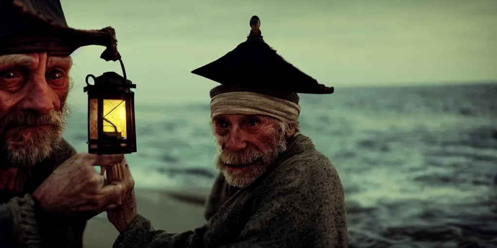 Image similar to film still of closeup old man holding up lantern by his beach hut at night. pirate ship in the ocean by emmanuel lubezki