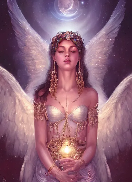 Image similar to A beautiful digital painting of a female angel full of jewels, princess, the moon behind her, intricate, cinematic lighting, highly detailed, digital painting, Artstation, concept art, smooth, sharp focus, illustration, art by Tom Bagshaw, Artgerm and Greg Rutkowski