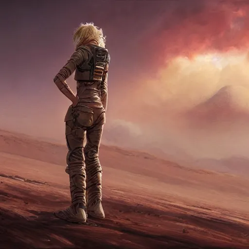 Prompt: tattooed dirty stoic butch heroic emotionless blonde woman engineer in tattered dirty flight suit, very short messy hair, victorian goggles, back pose, crossing primitive hostile alien desert, clouds of red dust, highly detailed, digital painting, artstation, concept art, matte, sharp focus, illustration, art by moebius and artgerm and greg rutkowski