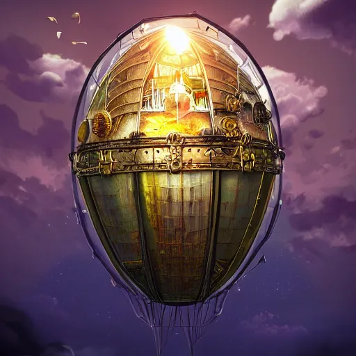 Image similar to enormous flying city in a faberge egg, cloudy sky background, steampunk, fantasy art, masterpiece, unreal engine