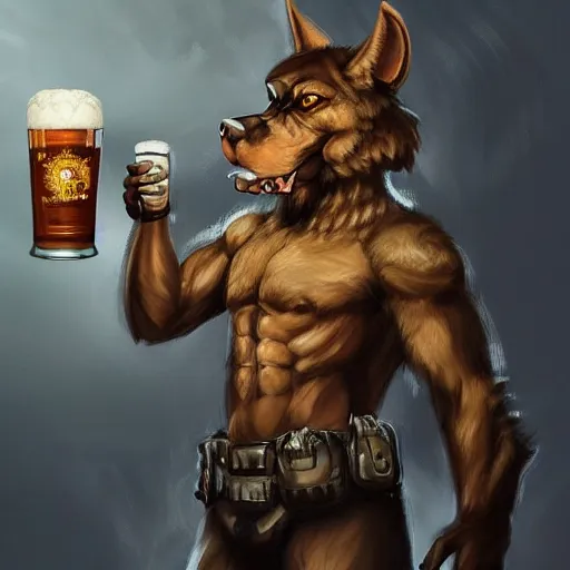 Image similar to a humanoid german shepherd beast - man in military style, holding a bottle of beer, artstation, concept art, smooth, sharp foccus ilustration, artstation