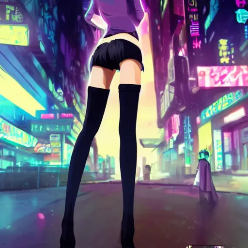 Prompt: cute anime girl with thigh highs in a cyberpunk city, blade runner 2049 inspired