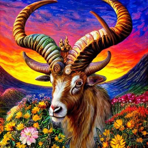 Image similar to painting by josephine wall, horned ram goddess checking her cell phone, erupting volcano and sunset in distance, flowers in foreground, zodiac, fantasy, acrylic on canvas, intricately detailed, highly detailed, high resolution, hdr, 8 k, trending on artstation