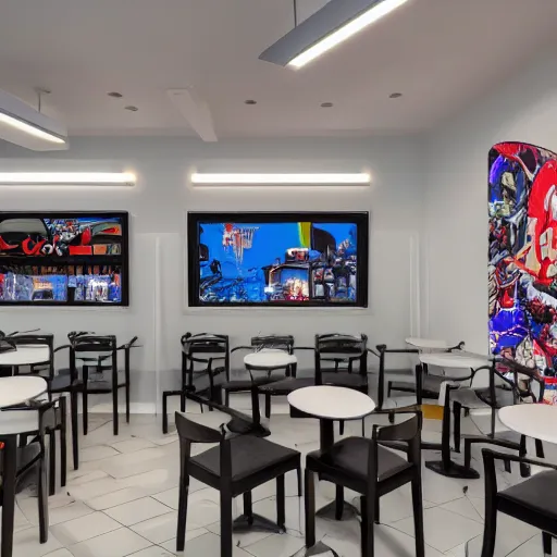 Prompt: photo of the outside of white cafe interior with arcade machines on one side and tables on the other, 8 0 s art on the tall white walls, wide angle shot 4 k hdr