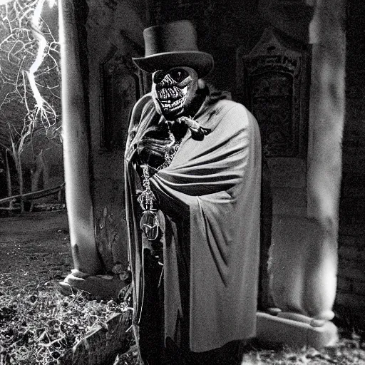Prompt: cctv security cam grainy black and white footage of baron samedi in a creepy graveyard at night. baron samedi is looking at the camera.
