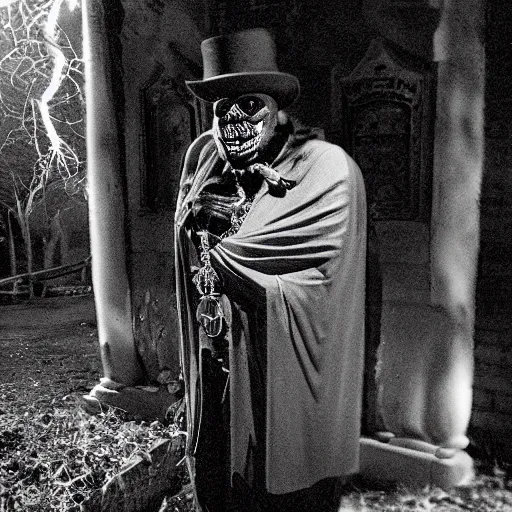 Image similar to cctv security cam grainy black and white footage of baron samedi in a creepy graveyard at night. baron samedi is looking at the camera.