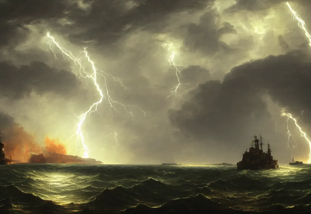 Prompt: thomas cole coastal landscape with a world war two battleship firing its main guns. dramatic concept art, 4k, octane render. Realistic, cinematic lightning