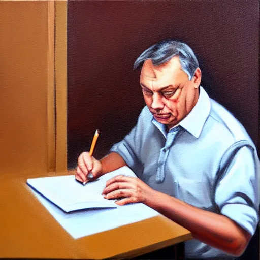 Image similar to viktor orban journaling in a cubicle, oil painting