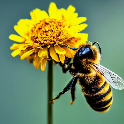 Image similar to macro photo, 4k, bee on a flower, cinematic lightning, realistic, super detailed