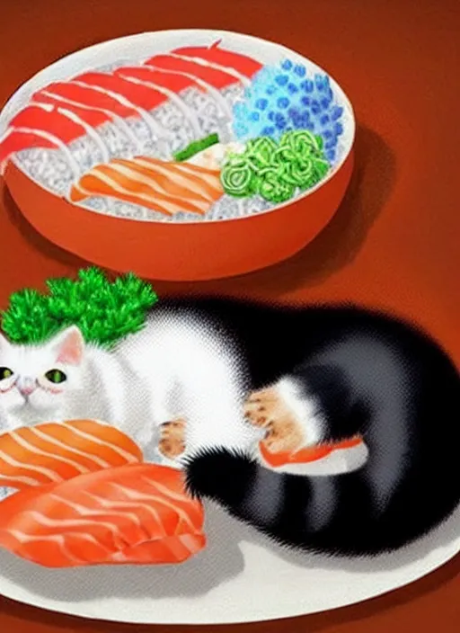 Image similar to clear photorealistic picture of adorable cats made out of sushi