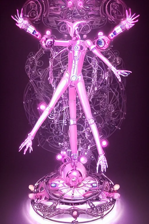 Image similar to full-body baroque and bladerunner style pink neon statue of a beautiful goddess ((mech humanoid)) dancing sim roupa, (((glowing white face))), (crown of golden steampunk gears), emeralds, swirling silver silk fabric. futuristic elements. prismatic liquid rainbow light, full-length view. space robots. (((human skulls))). throne made of bones, intricate artwork by caravaggio. Trending on artstation, octane render, cinematic lighting from the right, hyper realism, octane render, 8k, depth of field, 3D