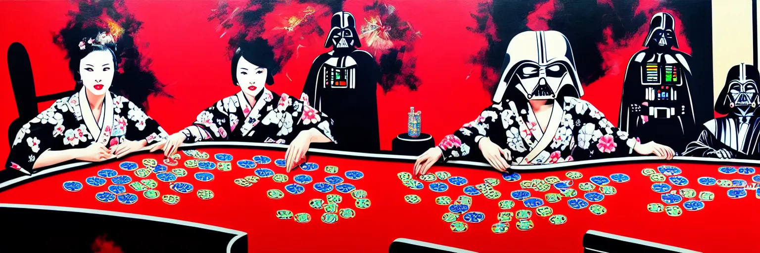 Image similar to hyperrealism composition of the detailed woman in a japanese kimono sitting at an extremely detailed poker table with darth vader, terminator, fireworks on the background, pop - art style, jacky tsai style, andy warhol style, acrylic on canvas