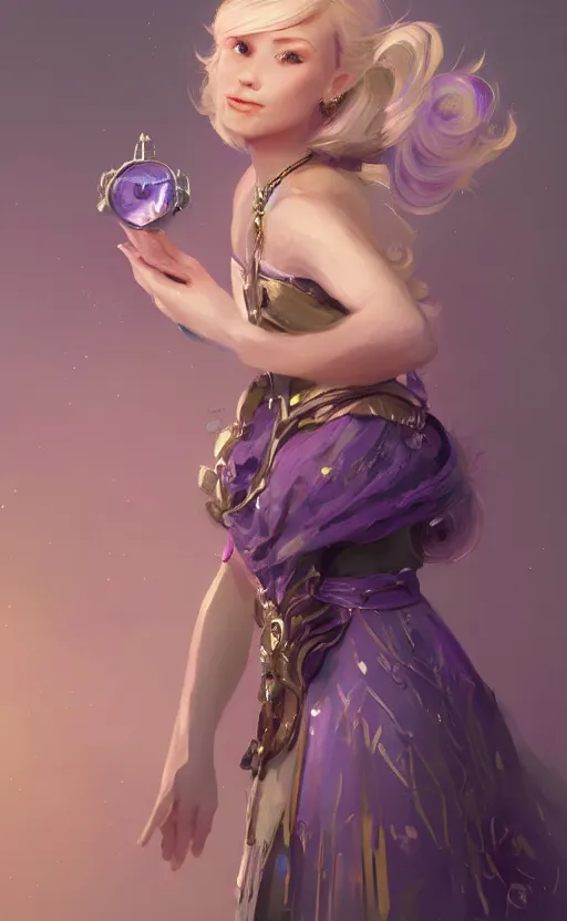 Prompt: portrait of a princess with a purple dress, blonde hair and bangs, side pigtail, necklace space with a big moustache, concept art, moustache, fantasy, highly detailed, cinematic lighting, digital painting by greg rutkowski