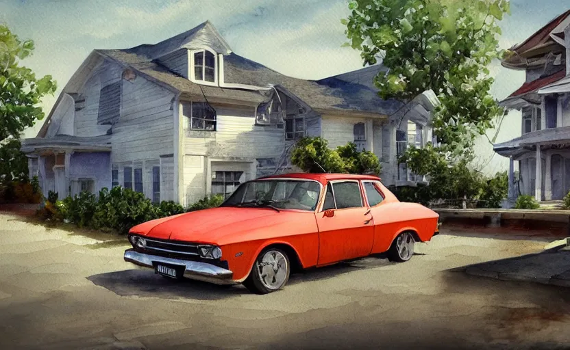 Prompt: a watercolor painting of a chevrolet opala parked near a 1 9 0 0 s house, digital painting, masterpiece, hyperrealistic, concept art, trending on deviantart, highly detailed, high quality, 4 k, symmetrical, low contrast, watercolor, warm, soft lighting, path traced, godrays