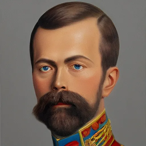 Image similar to detailed hyper-realistic portrait painting of Tsar Nicholas II of Russia 4K details