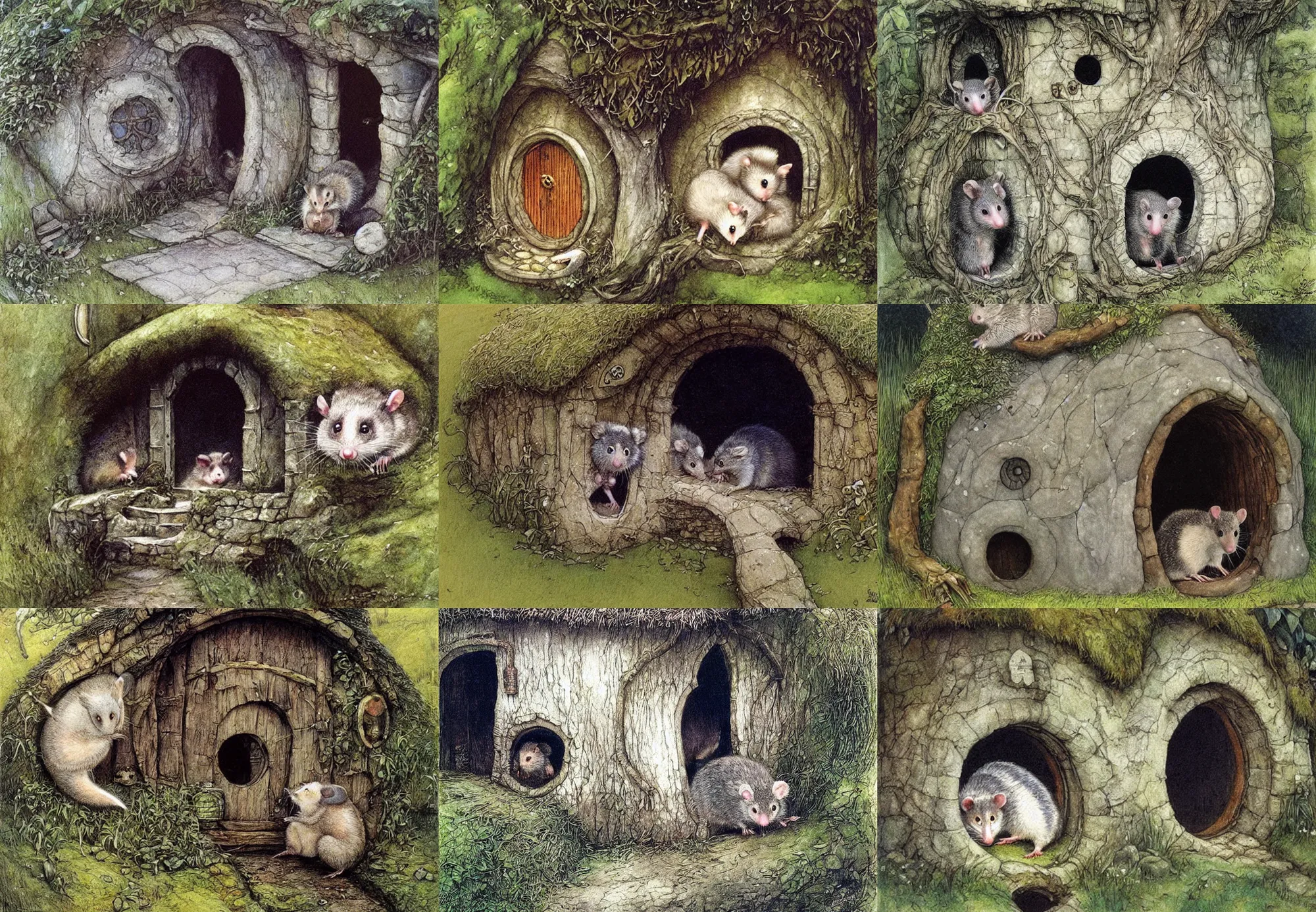 Prompt: cute possum dwelling a hobbit cottage, art by Alan Lee