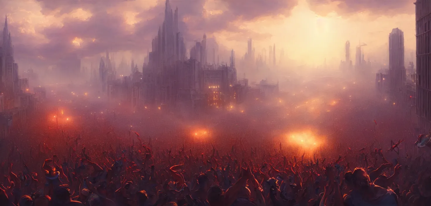 Image similar to painting of a crowd with raised arms pointing toward, demonstration in city, cinematic view, epic sky, detailed, concept art, low angle, high detail, warm lighting, volumetric, godrays, vivid, beautiful, trending on artstation, by jordan grimmer, huge scene, art greg rutkowski
