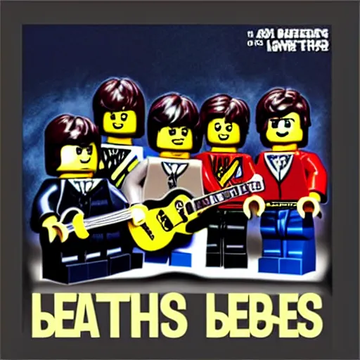 Image similar to Box art for a LEGO set of The Beatles