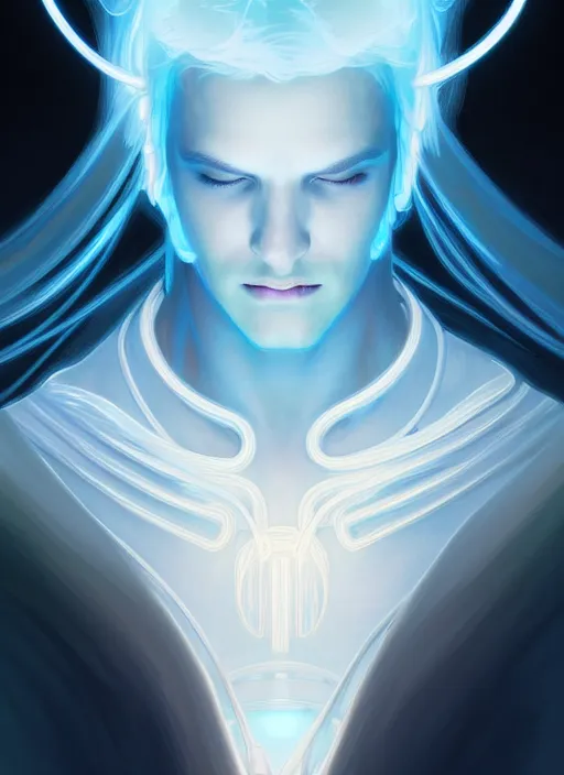 Prompt: symmetry!! portrait of man wearing white clothes with long flaming blue hair, sci - fi, glowing lights!! intricate, elegant, highly detailed, digital painting, artstation, concept art, smooth, sharp focus, illustration, art by artgerm and greg rutkowski and alphonse mucha, 8 k