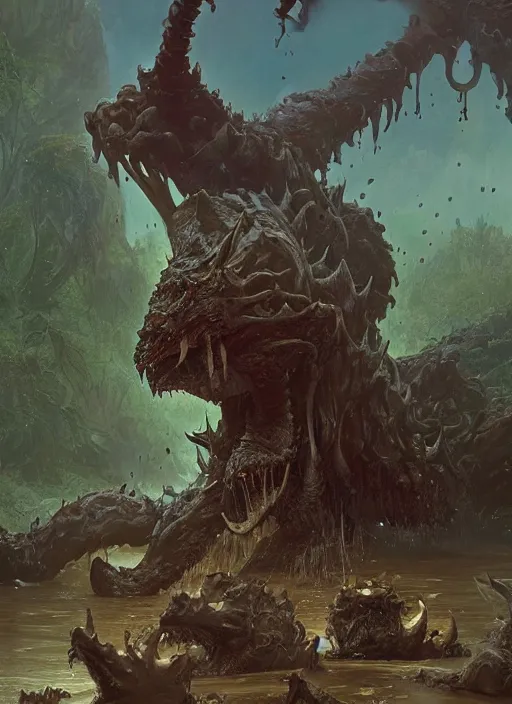 Image similar to huge hulking brute swamp demon king emerging from lake on alien planet, splashing, by sergey kolesov and lawrence alma tadema and norman rockwell and greg staples and craig mullins and john berkey and ruan jia, artstation creature art