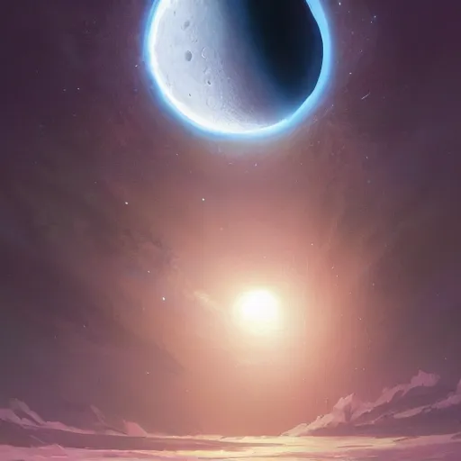 Prompt: a highly detailed matte painting of the moon being eaten by a black hole, art by studio ghibli, makoto shinkai, by artgerm, by wlop, by greg rutkowski, volumetric lighting, octane render, 4 k resolution, trending on artstation, masterpiece