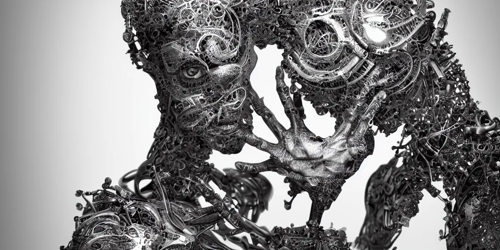 Image similar to hyper realistic photography of a stunningly beautiful cyborg male, intimate, arms, elbow, intricate filigree, fibonacci, in the style of beth cavener, jin kagetsu, and wlop, highly detailed, chrome face symmetry, masterpiece, award winning, sharp focus, concept art, high key, ambient lighting, 8 k, octane render,