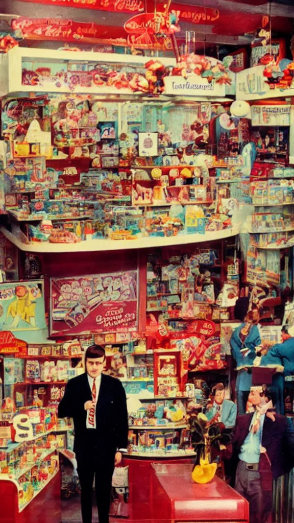 Prompt: 6 0 s photo of a business man in a candy shop, kodachrome