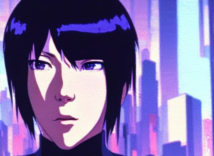 Image similar to a film still portrait of a motoko kusanagi ghost in the shell, finely detailed features, closeup at the faces, perfect art, at a cyberpunk city, gapmoe yandere grimdark, trending on pixiv fanbox, painted by greg rutkowski makoto shinkai takashi takeuchi studio ghibli, akihiko yoshida