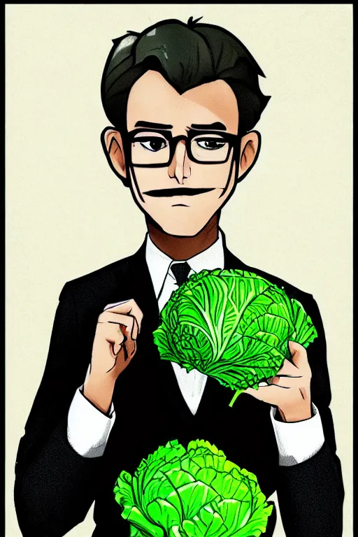 Image similar to man with suit and tie, with a cabbage for a face, symmetrical, highly detailed, digital art, sharp focus, trending on art station, anime art style