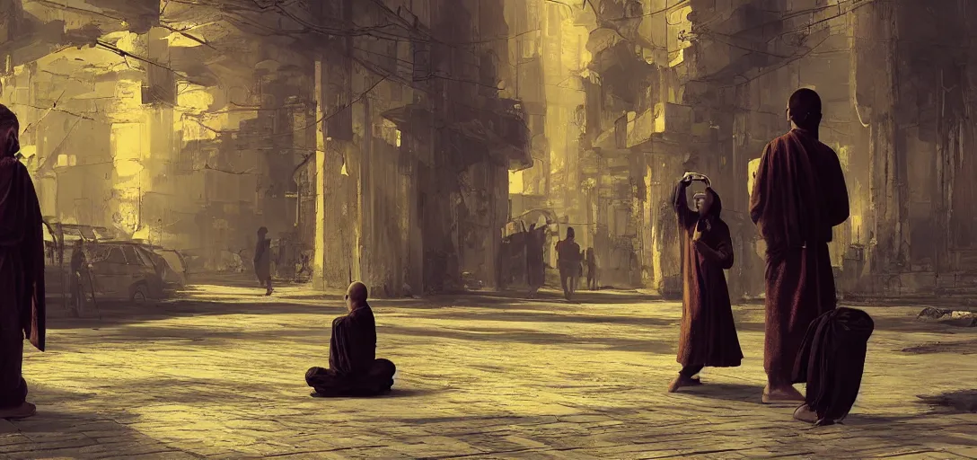Image similar to monk meditation in a cyberpunk world with people walking around wearing vr headset by eugene von guerard, ivan shishkin, concept art, trending on artstation