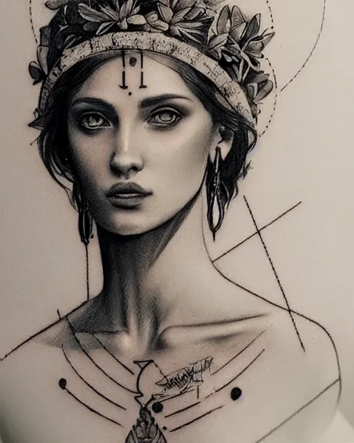 Image similar to realism tattoo sketch of a beautiful greek goddess aphrodite with piercing eyes wearing a laurel wreath and triangle earrings, in the style of greg rutkowski, amazing detail